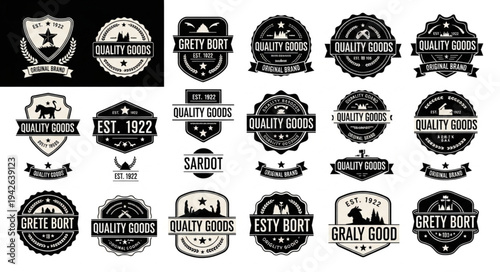 Collection of Vintage Style Badges and Labels with Text and Designs.