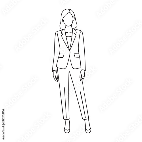 Simple black and white vector graphic illustration depicting a standing female business professional wearing a tailored pant suit outline design