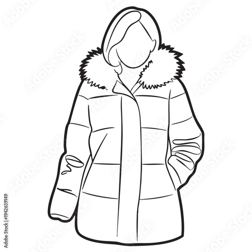 Minimalist black and white vector outline illustration of a woman wearing a warm winter parka jacket featuring a fluffy fur trimmed hood design element