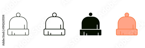 Set of minimalist winter hat icons with transparent background, depicting beanies for cold weather apparel, fashion accessories, and seasonal clothing, vector illustration