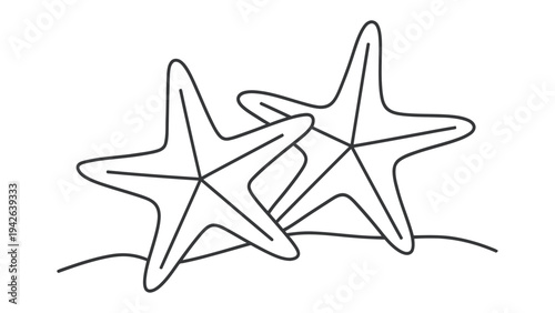 Coastal Embrace: A simple yet elegant illustration of two starfish gracefully resting on a sandy shore, celebrating the beauty of the sea and the tranquility of coastal life.