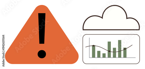 Data security, analytics monitoring, cloud computing, technological warnings, cybersecurity, data risk analysis. Orange caution sign and cloud with data chart. Data security and analytics monitoring