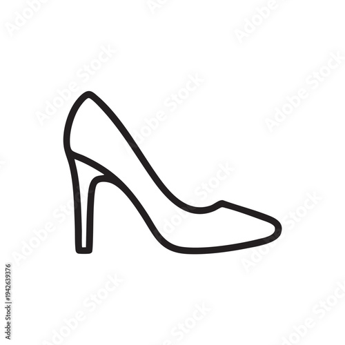 Simple black outline vector graphic illustration representing a classic high-heeled stiletto pump shoe design icon