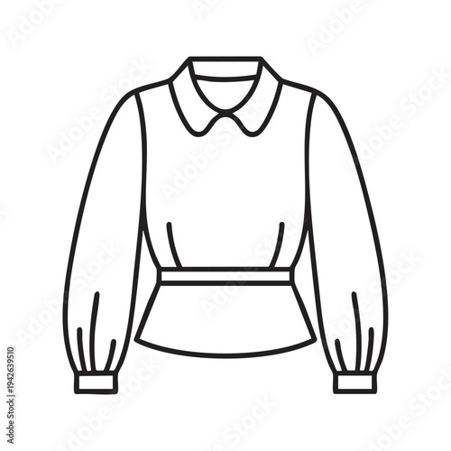 A simple black and white vector graphic illustration depicting a fashionable long-sleeved peplum blouse with a classic peter pan collar, perfect for various design projects and fashion content.