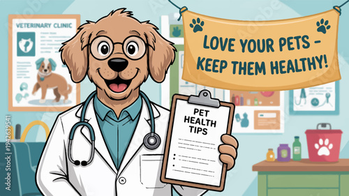 Cartoon dog vet holding pet health tips clipboard in clinic