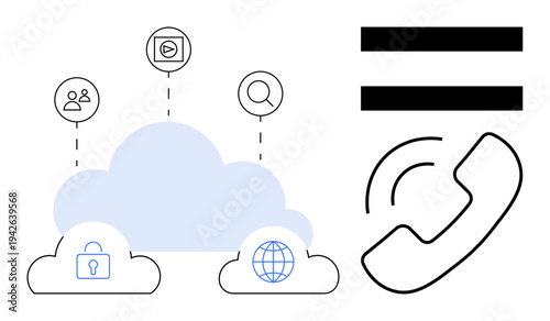 Cloud storage with icons for security, data sharing, video, search, and global networking. Phone and equality sign for communication and balance. Ideal for technology, cloud storage, communication