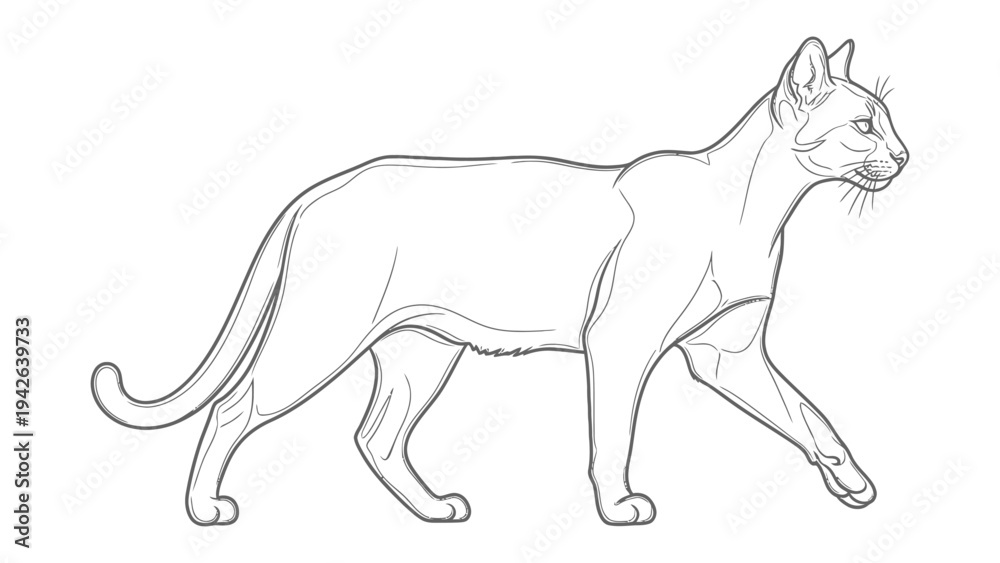 Fototapeta premium Contour Cat Stroll: An elegant contour drawing of a sleek cat in mid-stride, showcasing the graceful lines and subtle details of its anatomy.