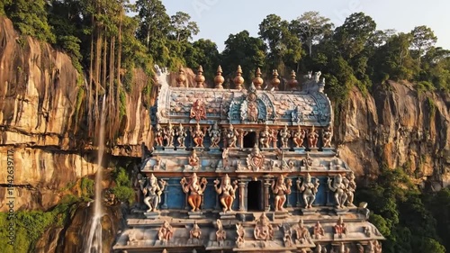 Ornate Hindu temple and waterfall beside massive rock cliff