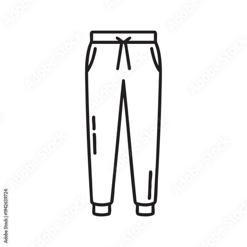 Simple black line art vector illustration graphic design depicting a pair of comfortable jogger style sweatpants with an adjustable drawstring waist.