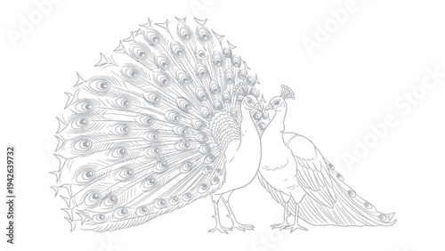 Elegant Peacock Silhouette: An exquisite outline captures two peacocks, the male displaying its majestic fan of feathers, while the female stands beside it, creating a scene of avian beauty. 