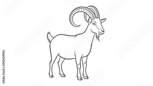 Line Drawing of Goat: A clean line drawing of a majestic goat, showcasing its prominent horns and a detailed outline of its body, perfect for graphic design or educational purposes.