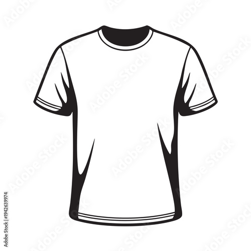 Minimalist black and white vector graphic illustration template of a blank short sleeve crew neck t shirt outline perfect for customization