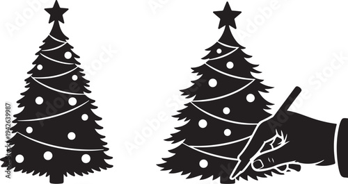 Black Silhouette Christmas Trees with Decorations and Hand
