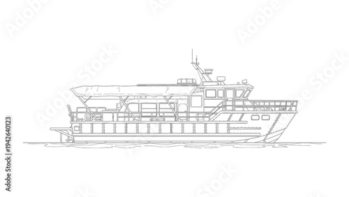 Ocean Explorer: A detailed line drawing of a maritime vessel, exuding power and seaworthiness, sails across the open water, ready for a journey.