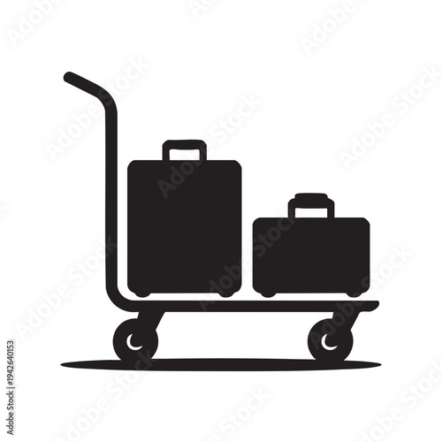Minimalist black and white vector graphic illustration depicting two pieces of luggage being transported on a simple baggage trolley cart icon design