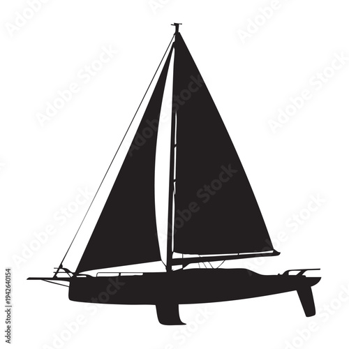A sleek black silhouette of a modern sailboat illustration, perfect for nautical graphic design projects, maritime themes, and various marine-related vector artwork concepts.