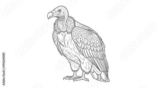 Vulture's Vigil: A detailed monochrome illustration of a regal vulture, capturing its sharp gaze and imposing presence. 