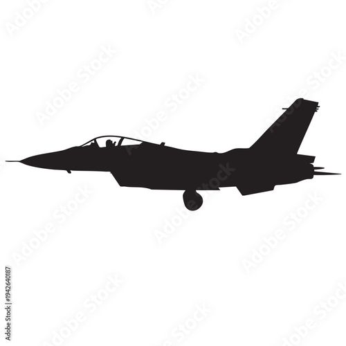 Silhouette vector graphic illustration depicting a high performance military fighter jet aircraft with a visible pilot figure inside the cockpit ready for flight operations