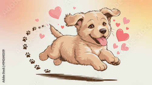 Happy dog running with hearts and paw prints in playful joyful motion on colorful background