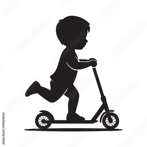 Vector silhouette illustration design depicting a small joyful child actively riding a kick scooter outdoors for recreation and fun exercise