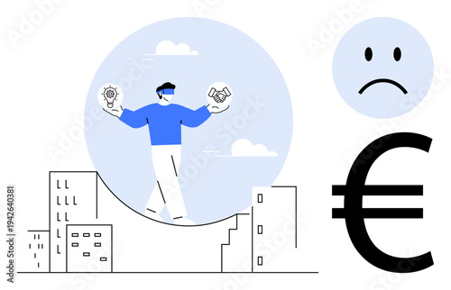Business uncertainty concept. Businessman balances ideas and financial challenges under uncertain conditions. Business uncertainty affecting decisions and financial stability. For economics