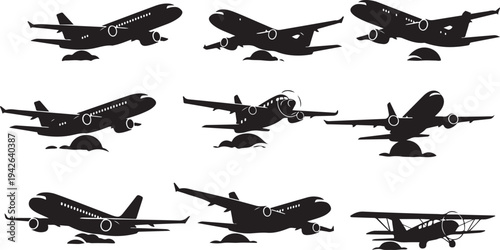 Collection of airplane silhouettes in various flight positions vector