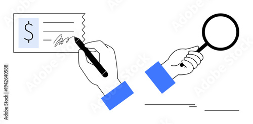Hand holding pen signing a check, another holding magnifying glass for close inspection. Ideal for finance, transactions, contracts, audits, fraud detection, documentation and business. Simple flat