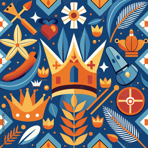 Royal Crown with Dutch Clogs and Windmills Seamless Pattern