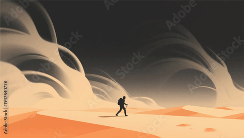Illustration Of An Adventurer Walking In The Middle Of A Sandstorm In A Vast Desert Vector Design Template