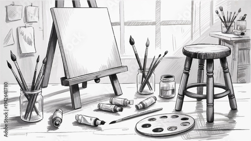Artist's still life setup with easel paints brushes and stool in a bright studio