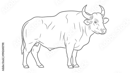 Robust Bovine Portrait: An impressive sketch of a powerful bull, its muscular frame and curved horns conveying strength and resilience.