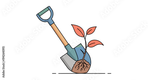 Gardening shovel planting seedling growth nature flat vector illustration