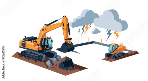 Excavator and bulldozer in thunderstorm: construction site safety with lightning in background