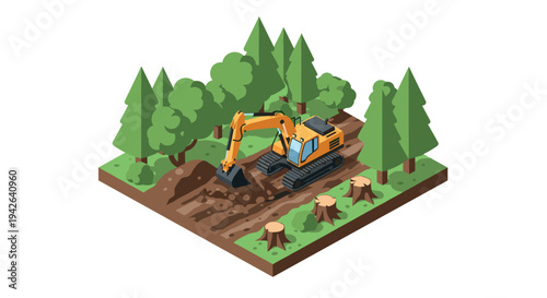 Isometric forest logging scene with excavator clearing trees