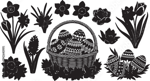Easter eggs and flowers in a basket silhouette illustration