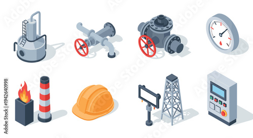 Industrial equipment icons set: isometric design for engineering and safety