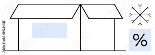 Logistics, supply management, refrigeration, cold chain storage, economy, discounts. Outline of a box, snowflake icon and percentage symbol. Logistics and cold storage concept