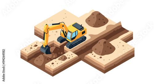 Isometric excavator on construction site with earth mounds and trenches