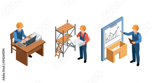Isometric construction workers engaged in diverse professional tasks