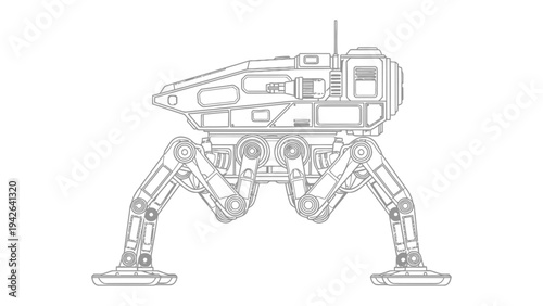 Mechanical Marvel: A detailed outline of a futuristic robotic vehicle, highlighting its advanced design, mechanical ingenuity, and innovative technology.