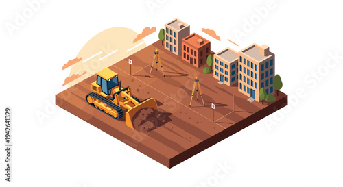 Isometric construction site with bulldozer and buildings in sunrise landscape