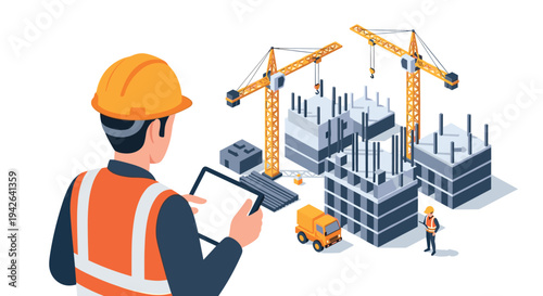 Construction site management with engineer overseeing building progress