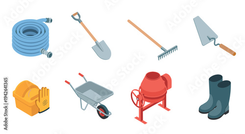 Construction tools set with hose, shovel, rake, and more in isometric style