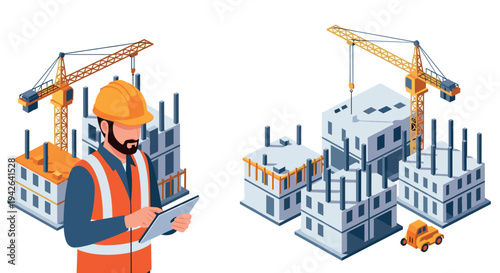 Construction site management with engineer and building crane in isometric style