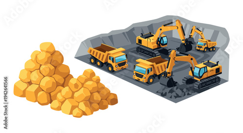 Isometric construction site with dump trucks and excavators at rock quarry