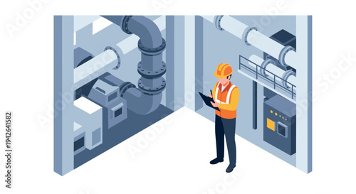 Industrial facility with engineer overseeing operations in isometric design