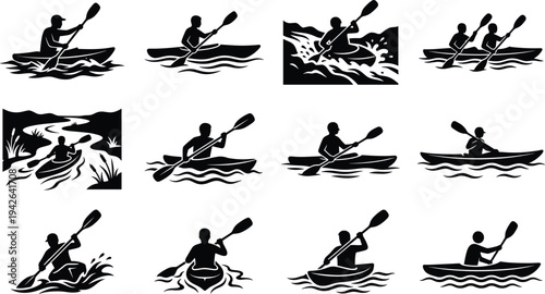 Professional Kayaking and Canoeing Icon Set Featuring Athletes Paddling in Rapids Calm Waters Rivers and Outdoor Water Sports Adventure Silhouettes