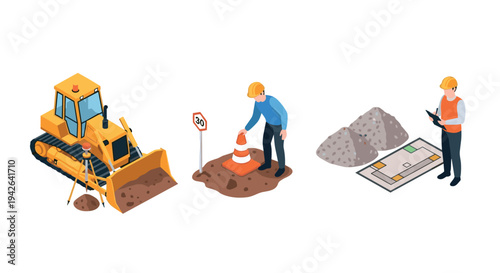 Isometric construction scene with workers, bulldozer, and construction plans