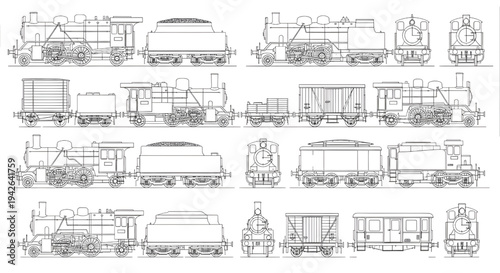 Railway Locomotives and Railcars AutoCAD Blueprint Vector Set – Industrial Train Technical Drawing Multi-View Black Outline Isolated on White