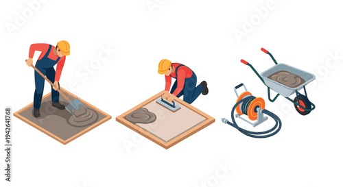 Construction work process: cement pouring and finishing with tools in isometric style